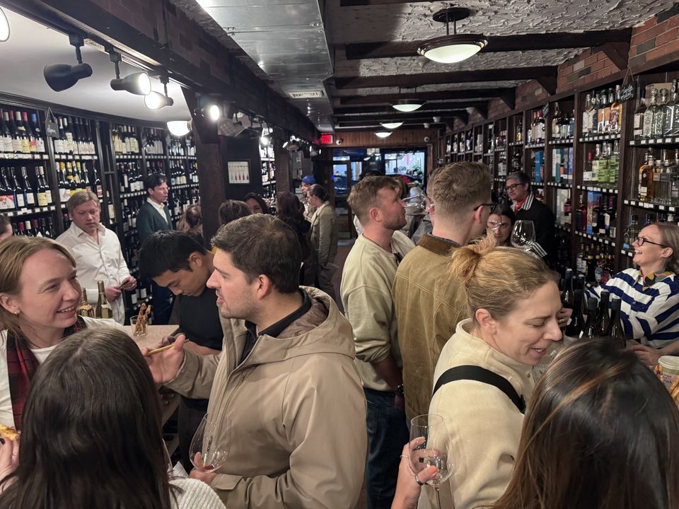 A packed walk-around tasting at Shawn Fine Wine & Spirits, Park Slope