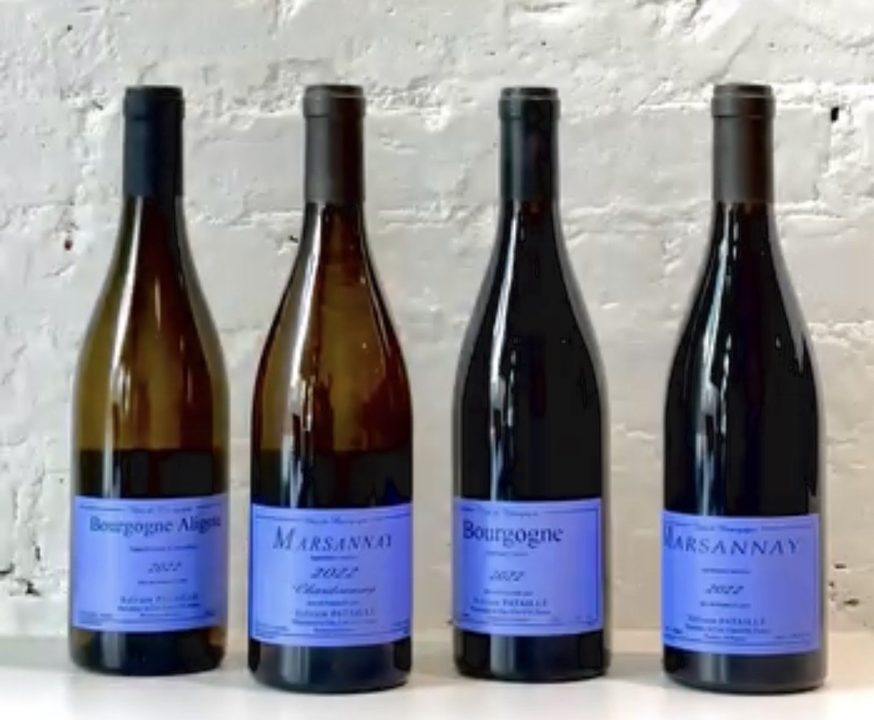 Four blue-labelled Sylvain Pataille bottles against whitewashed brick