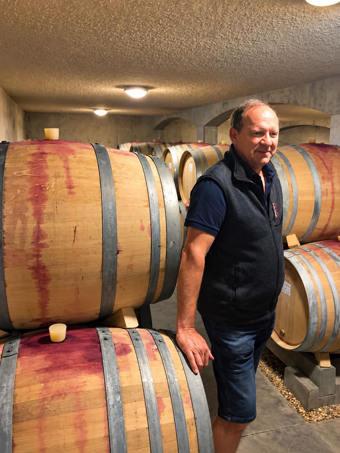 Denis Bachelet among the barrels in the cellar