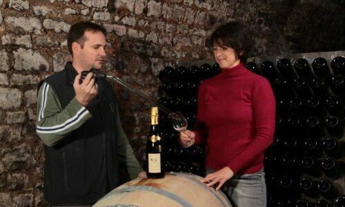 Lucie and Sébastien Cheurlin tasting in the cellar