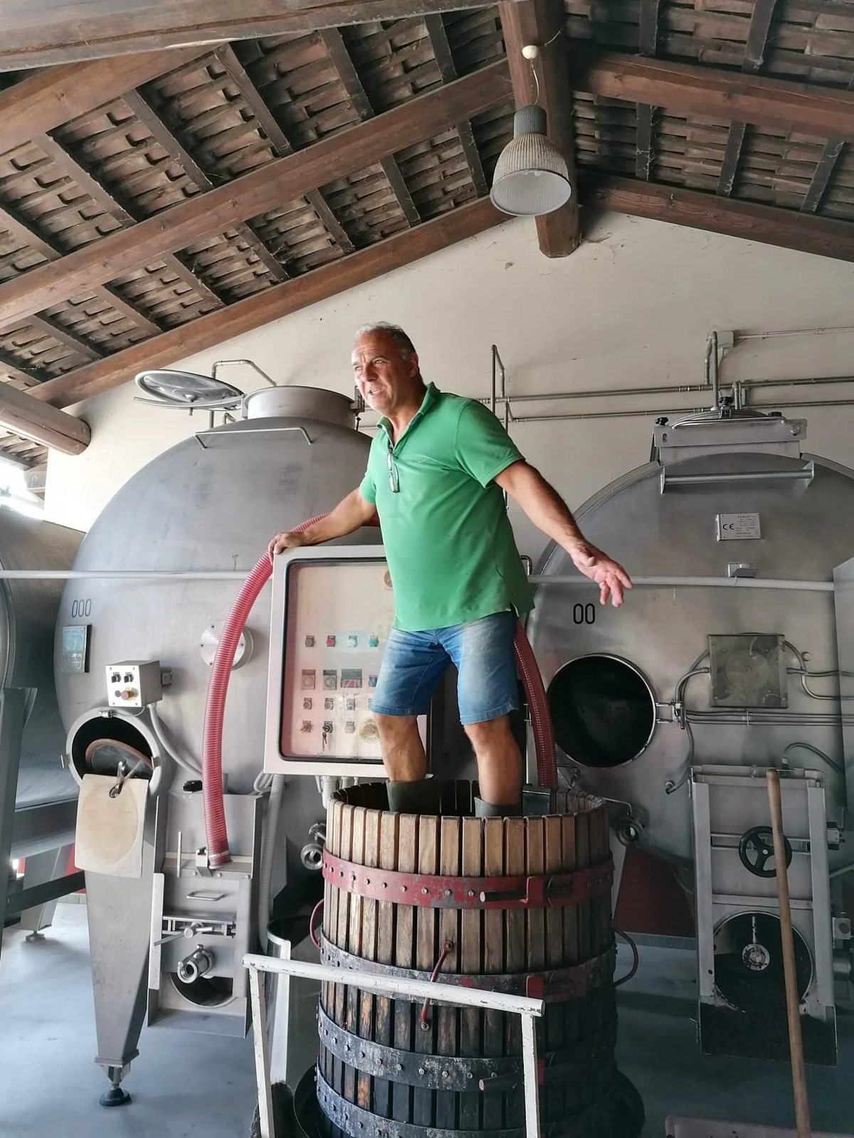 Renato Corino standing inside an old wooden basket press, between two steel fermenters