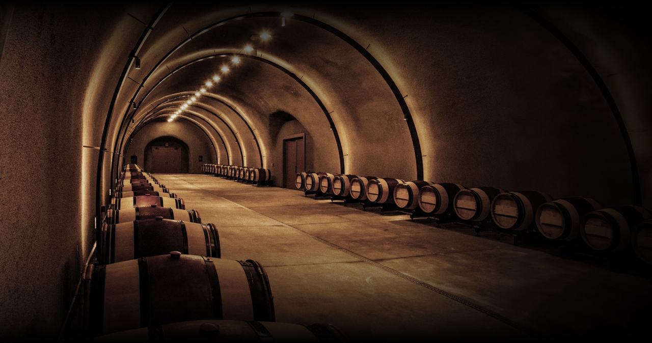 A long arched cave lined with barrels on both sides.