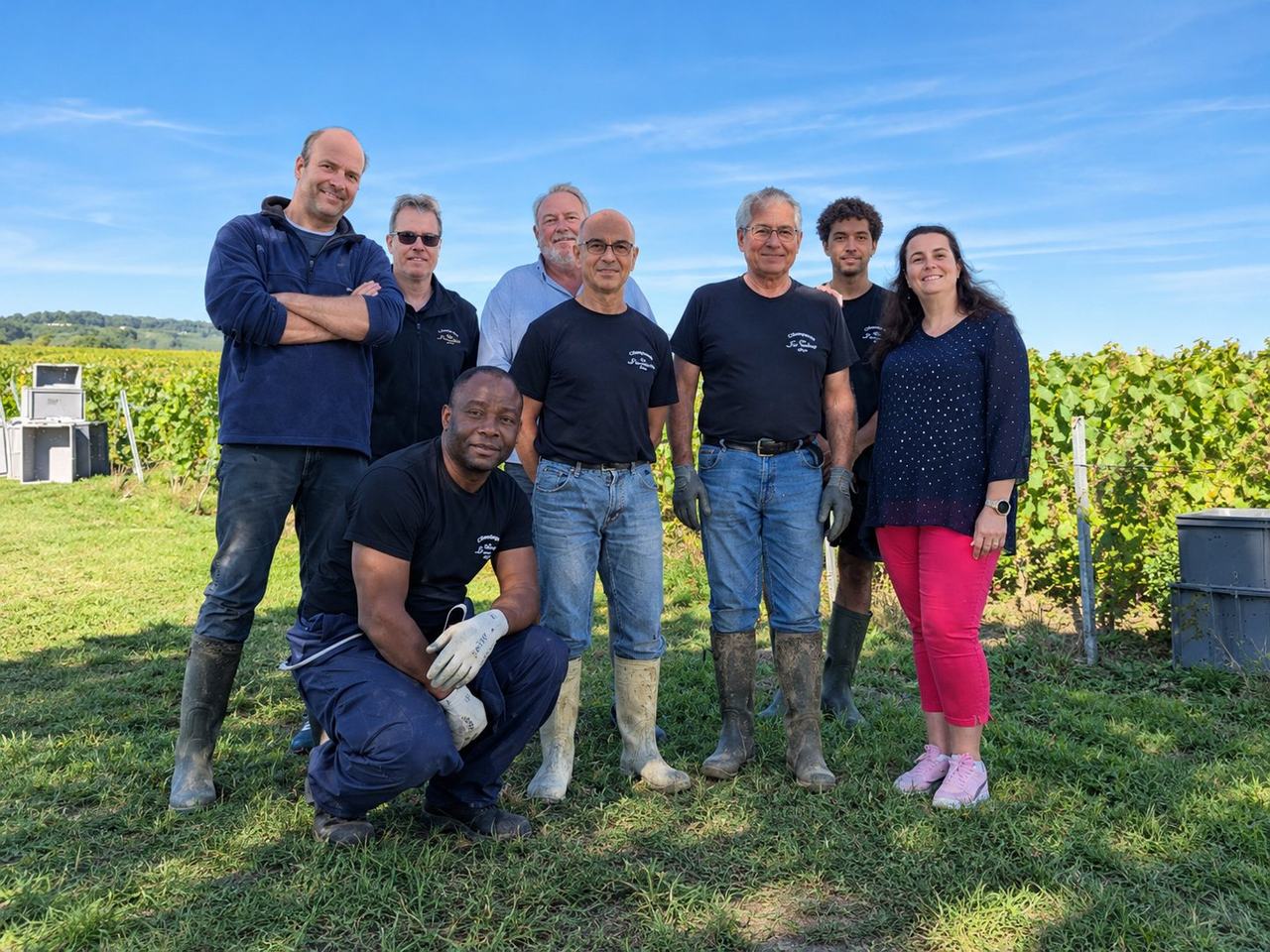 The harvest team at Champagne José Dhondt among the vines, Marie Dhondt at the right