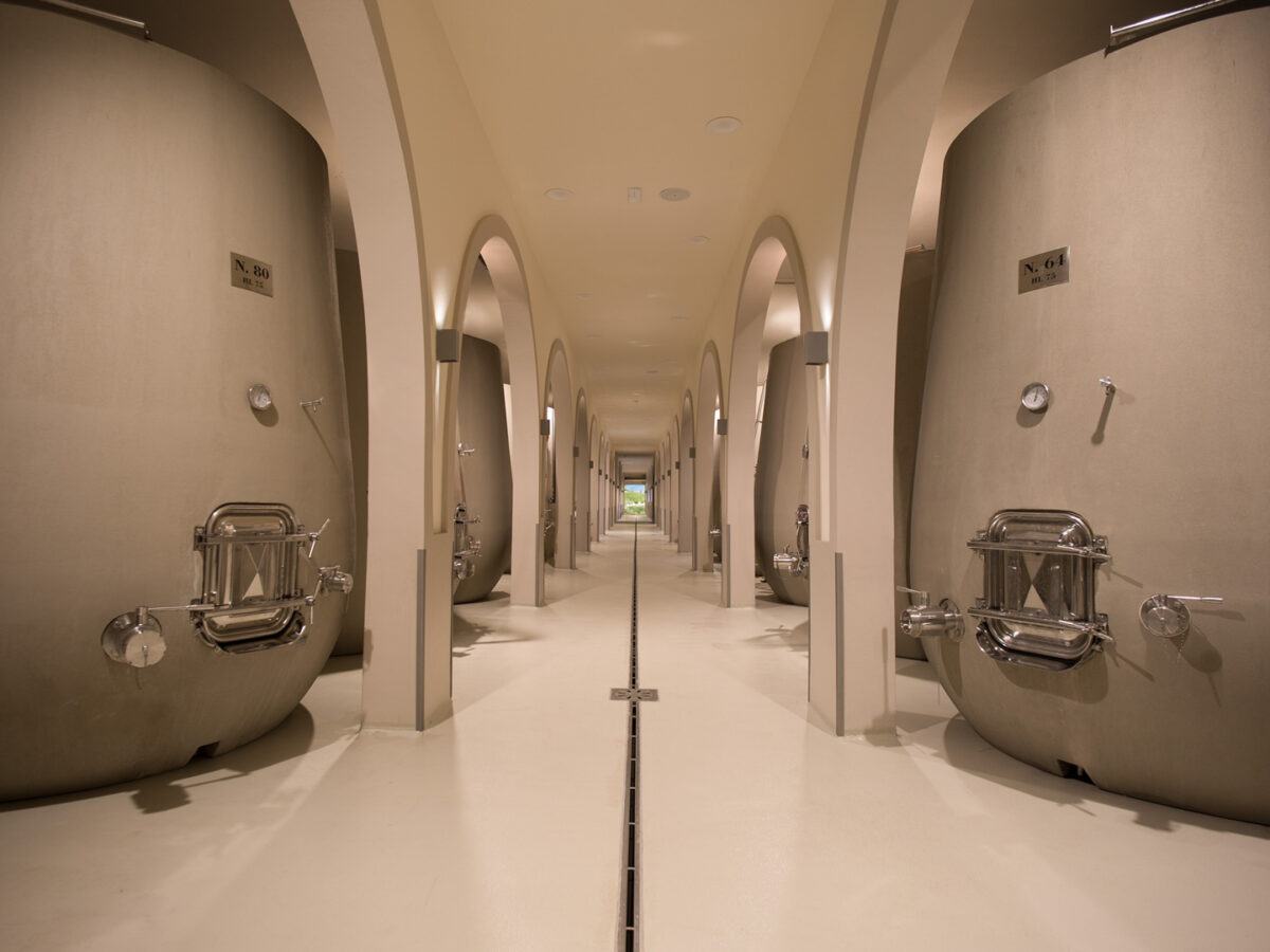 A long arched cellar lined with large cement vats.