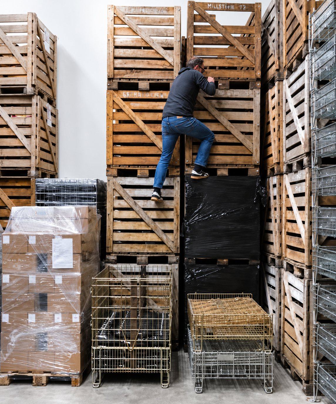 Climbing the stacked harvest bins in the warehouse at Huré Frères, a Pas Mal pallet in the corner