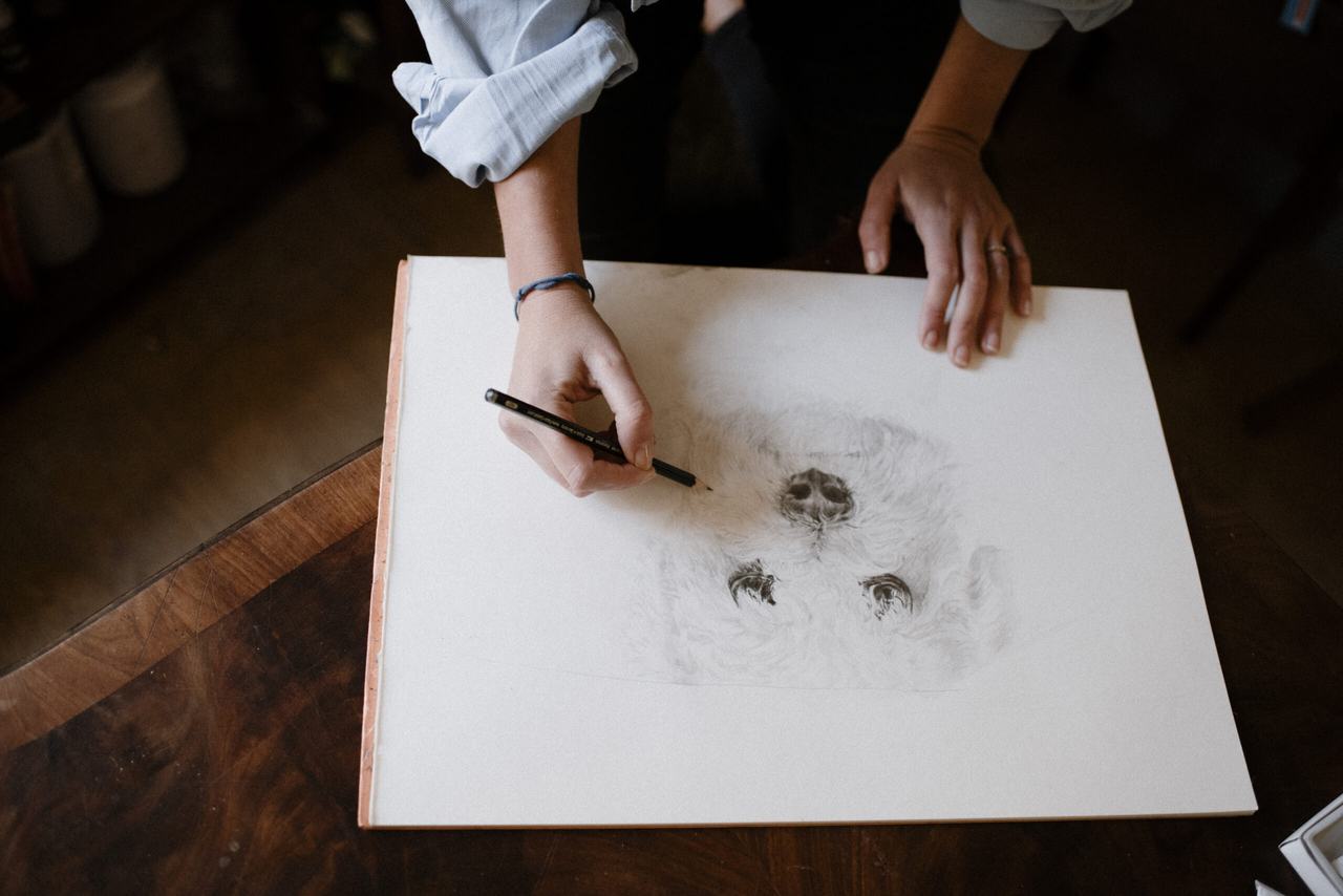Hands drawing three small animals in pencil on a large sheet of white paper on a dark wooden table