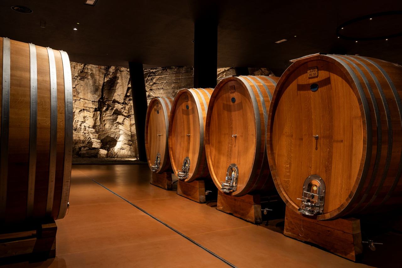 Large oak casks in a cellar with a bare rock wall behind them.