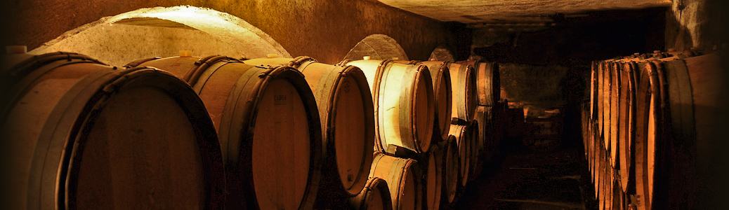 Rows of oak barrels under the vaulted stone cellar