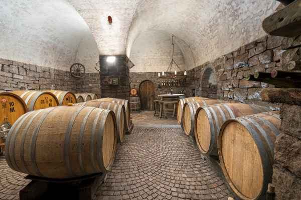 Oak barrels in a vaulted stone cellar with a cobbled floor.