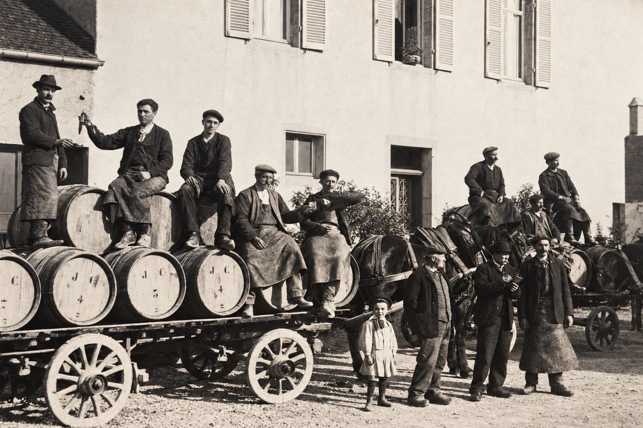 Three generations of the Trapet family at the 1909 harvest: men in leather aprons sitting on barrels stacked on a horse-drawn cart outside the house in Gevrey, a small child in white in front, the barrels marked for collection