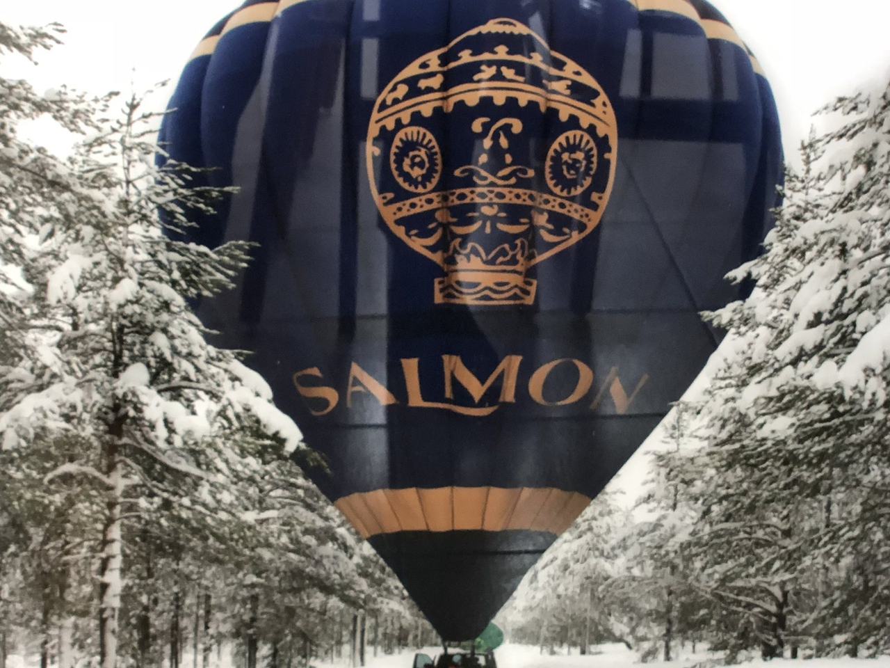 The Salmon hot-air balloon, deep blue with a gold Montgolfier crest, drifting down a snow-covered lane of pines