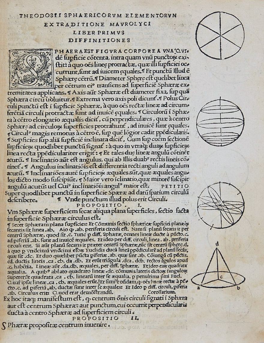 A Latin page from Theodosius' Sphaerics with diagrams of spheres and circles.